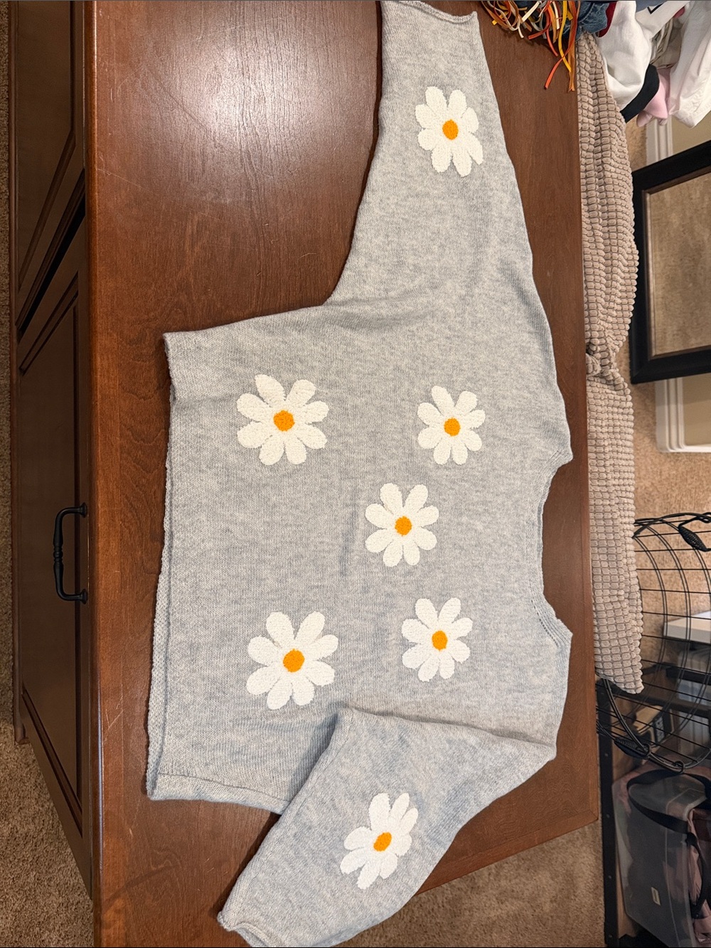 Cropped lightweight, summer Gray Daisy Knit Sweater with White & Yellow Flowers